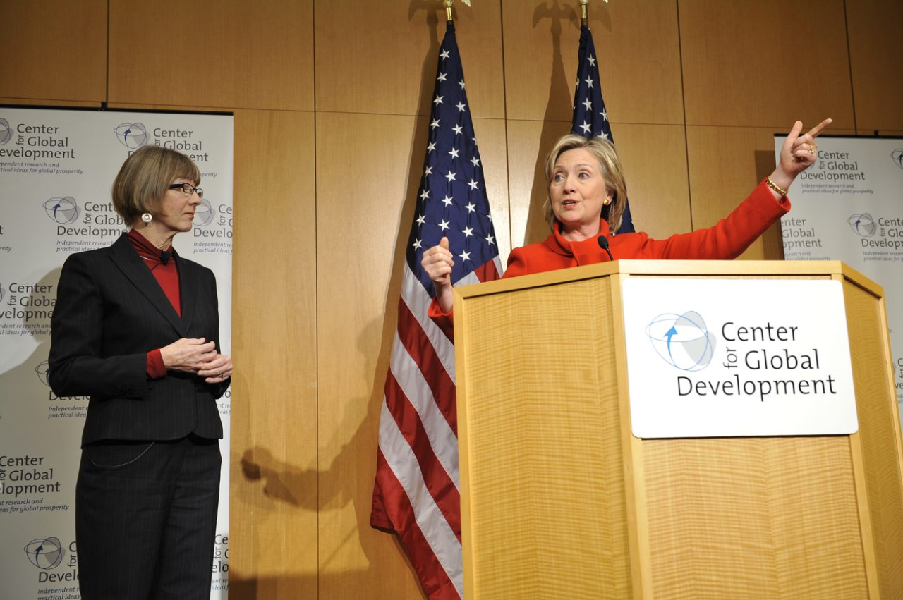 Birdsall standing near Hillary Clinton at a CGD event