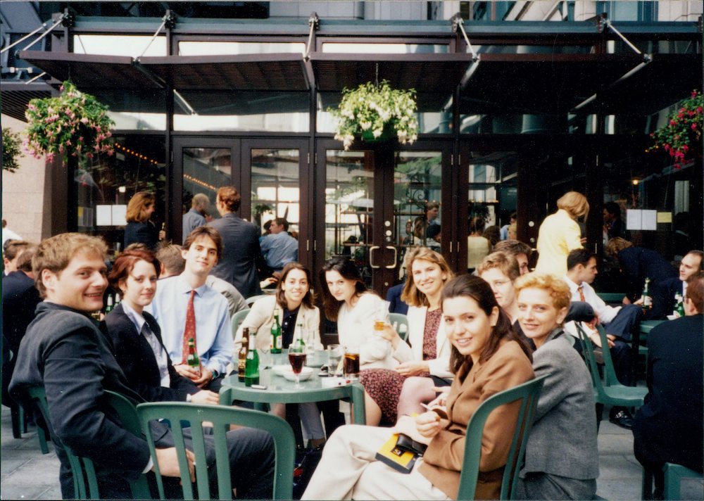 Javorcik and others at an outdoor cafe