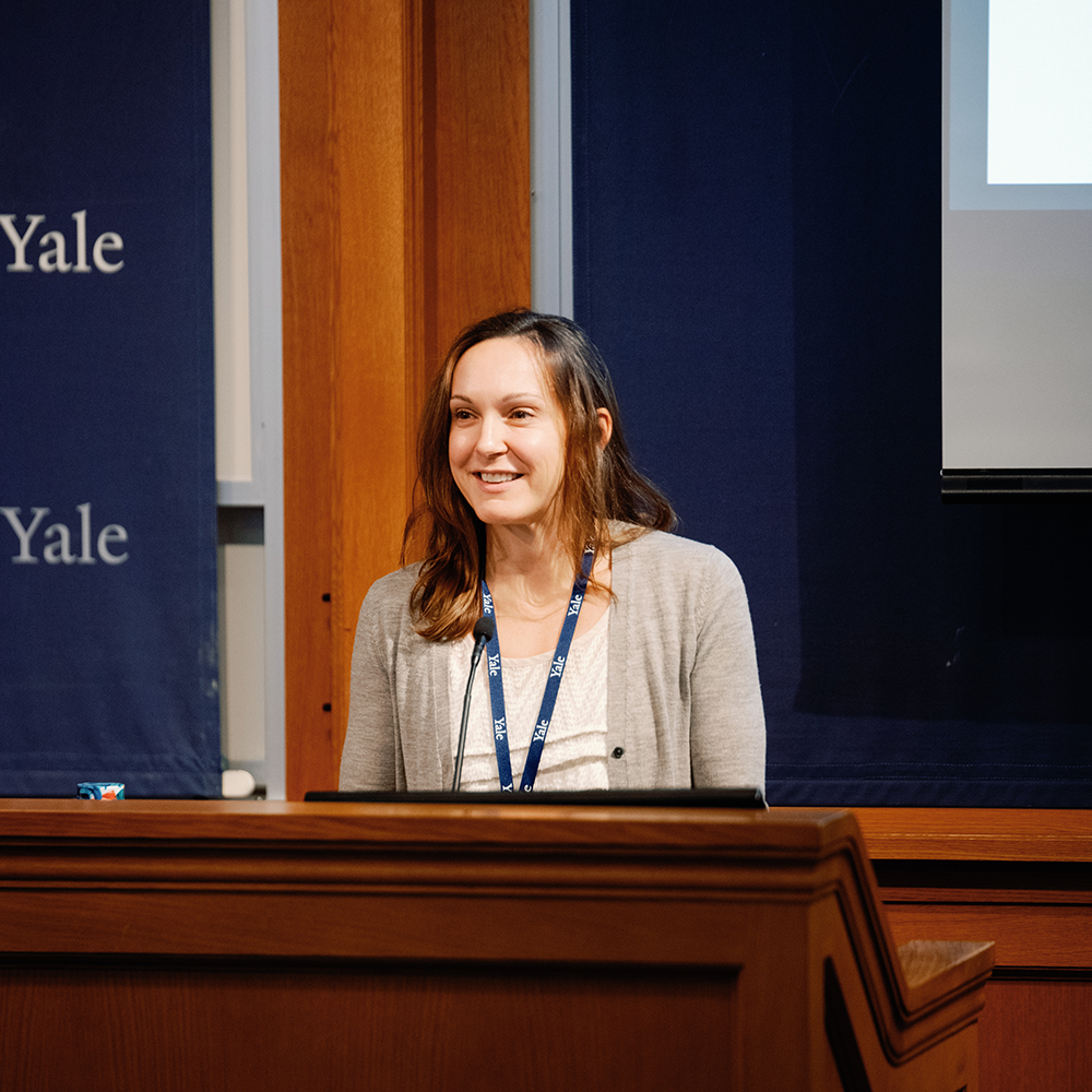 Kelsey Jack speaks at the Yale Climate, Environment & Economic Growth Conference on November 9, 2023
