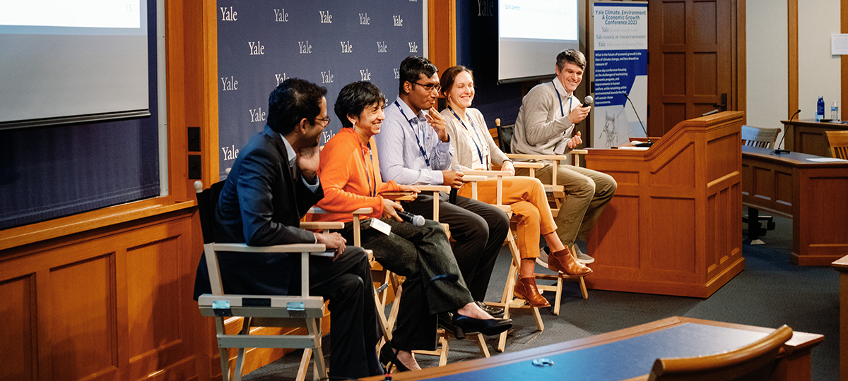 The panel discussion on "Frictions in adaptation and environmental justice" with (L-R) Sunil Amrith (Yale), conference organizer Rohini Pande, Islamul Haque (University of Southern California, Y-RISE), Kelsey Jack (University of California, Santa Barbara), and Gregory Lane (University of Chicago).