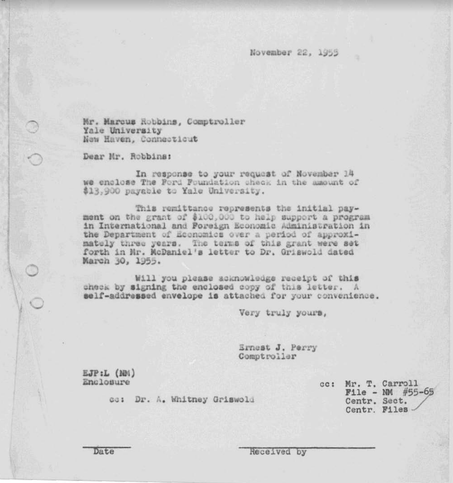 A photo copy of an invoice form the Ford Foundation to Yale.