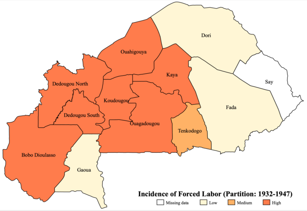 A map showing variation in recruitment intensity across Burkina Faso based on archival records.