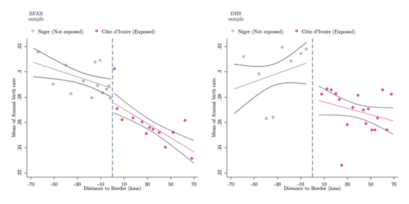 The figure plots the average annual birth rate (y-axis) against the distance to the Côte d'Ivoire-Niger boundary (x-axis).