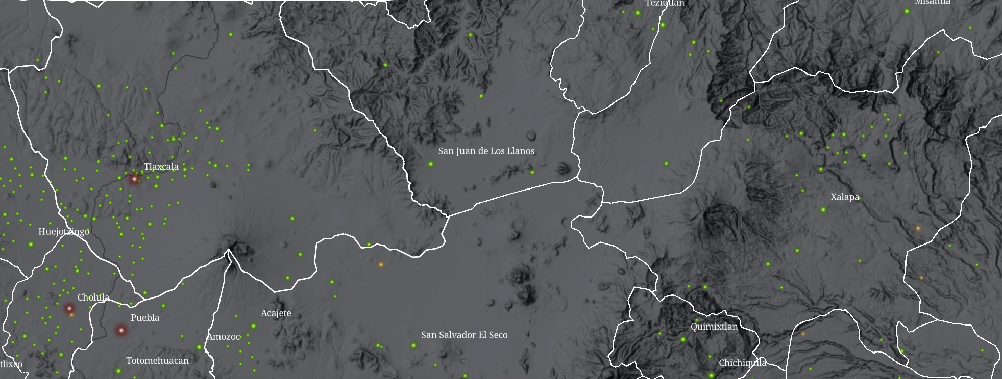 Focus on settlements and their types (Red dots: Ciudades y villas, green dots: Pueblos, brown dots: Poblaciones 'hispanas')