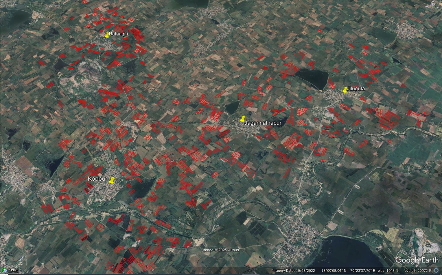 This is an image of all the plot boundaries of farmers sampled in the study, as identified by satellite images using coordinates mapped on the field.
