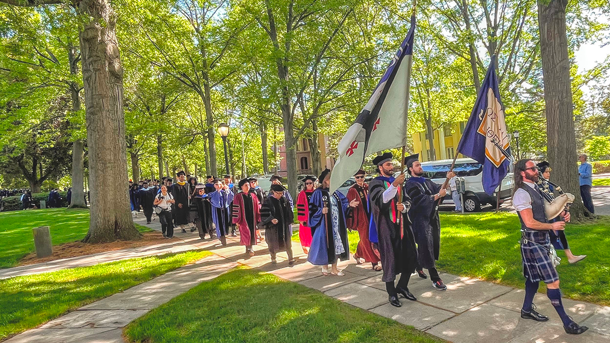 A procession of graduates at Yale's 2026 Commencement