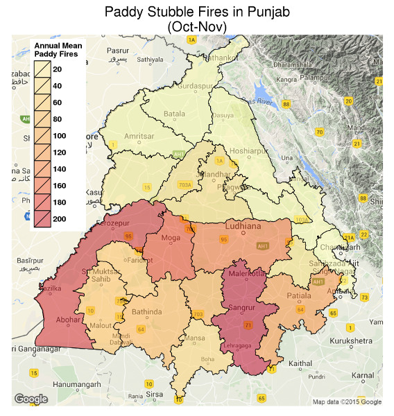 Map of paddy stubble fires in Punjab from October to November