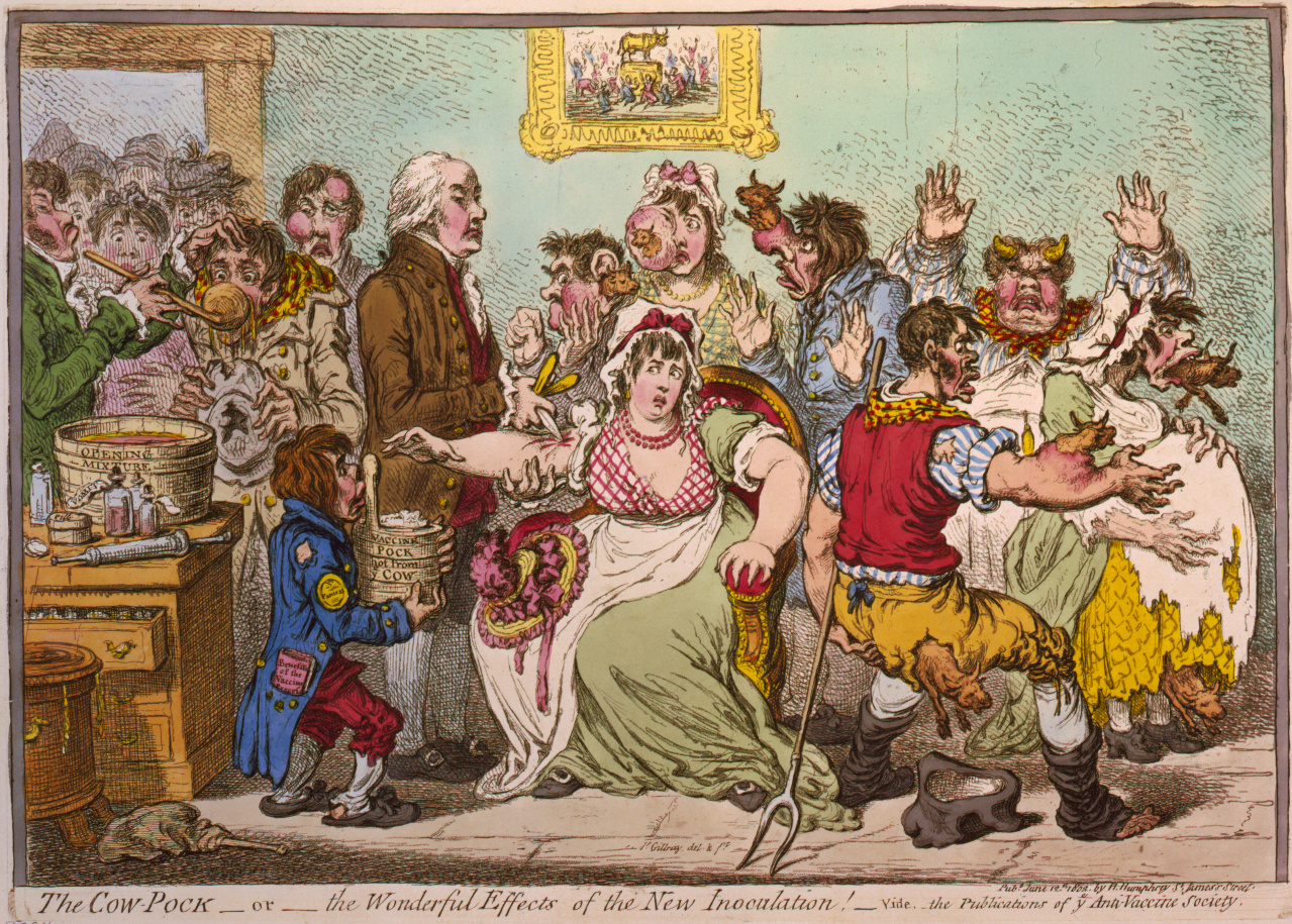 An early 19th century cartoon of a chaotic medical environment with a woman receiving a vaccine