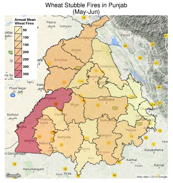 Map of wheat stubble fires in Punjab from May to June