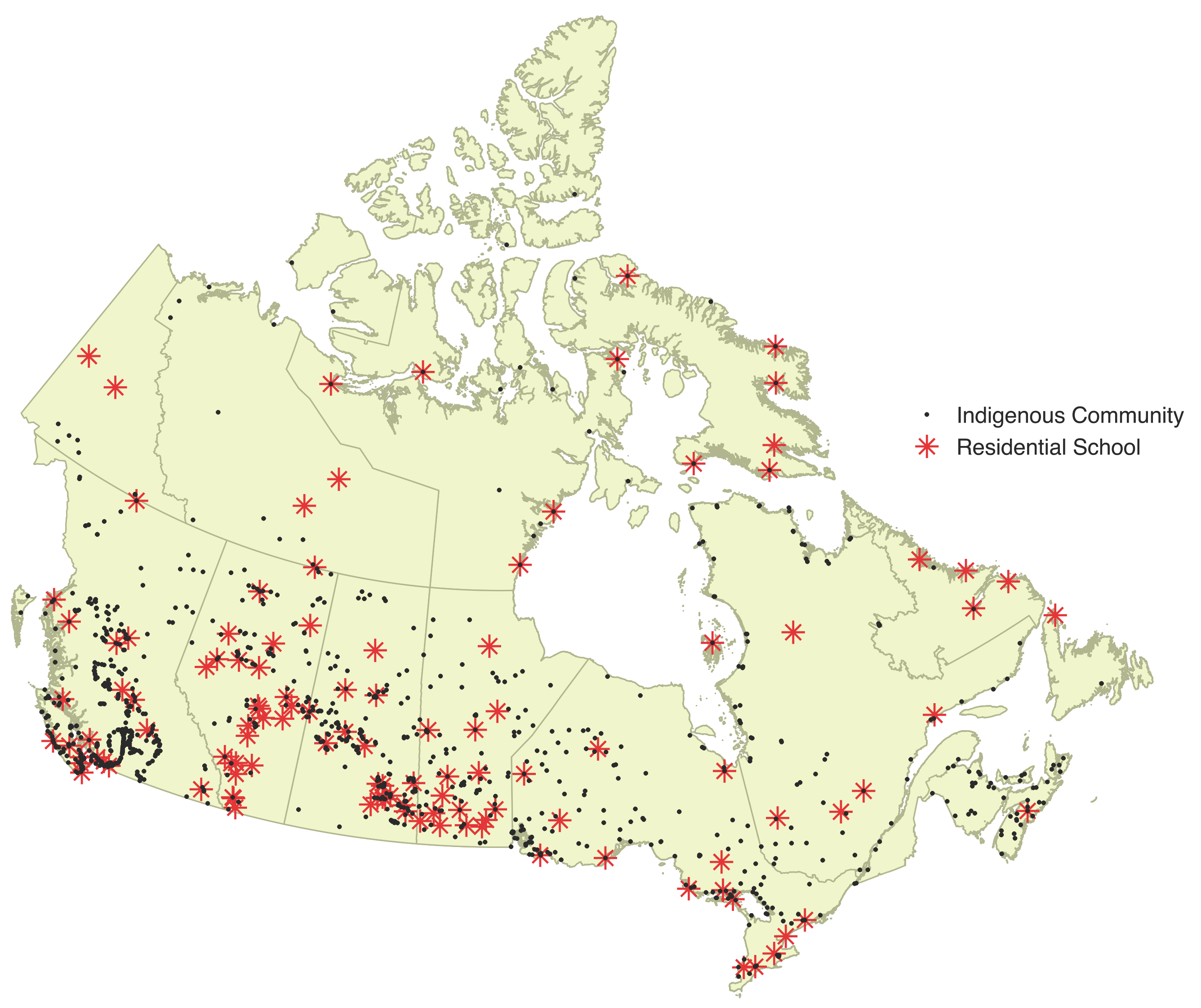 "Map of locations of residential schools in Canada"