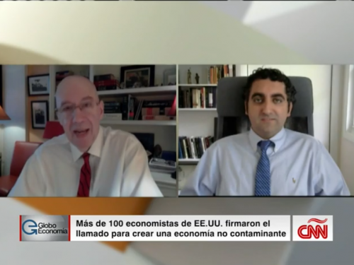 A split TV screen, featuring Prof. Espin Sanchez and the interviewer.
