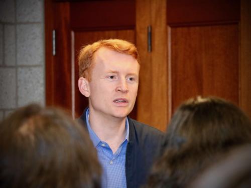 Nicholas Ryan speaking to students at an event for the International and Development Economics (IDE) Masters program in 2019. Photo by Matthew Regan.