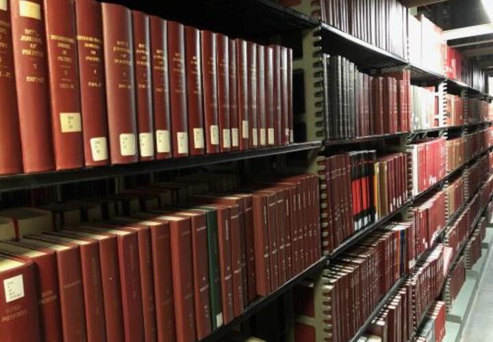 Books on library shelves