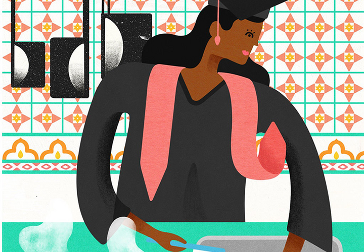 Illustration of woman working in the kitchen wearing her graduation regalia.