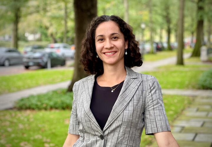 Photo of Ceren Baysan outside on Hillhouse Avenue in New Haven.