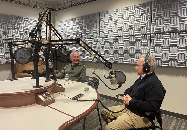 Orazio Attanasio (left) and Costas Meghir (right) in the Yale Broadcast Studio. 