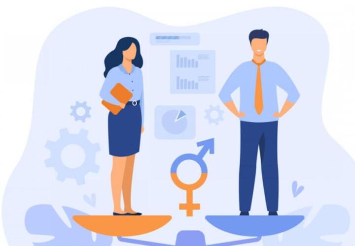 Illustration of a man and a woman standing on a scale with the gender symbols