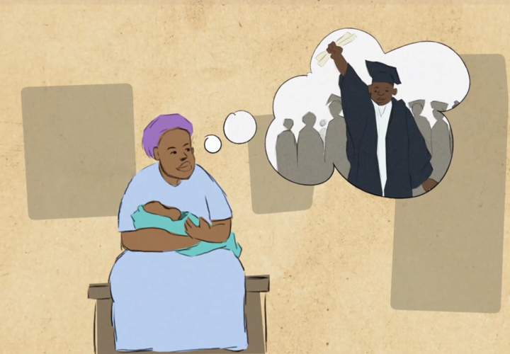A cartoon still of a low-income woman imagining her son graduating from college