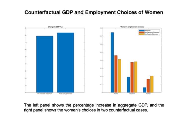 A graph with two panels: The left panel shows the percentage increase in aggregate GDP, and the right panel shows the women’s choices in two counterfactual cases.