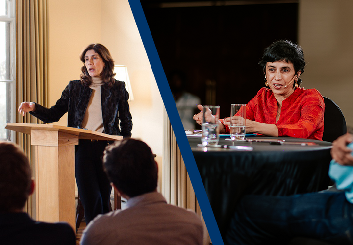 A split image of Penny Goldberg and Rohini Pande each speaking