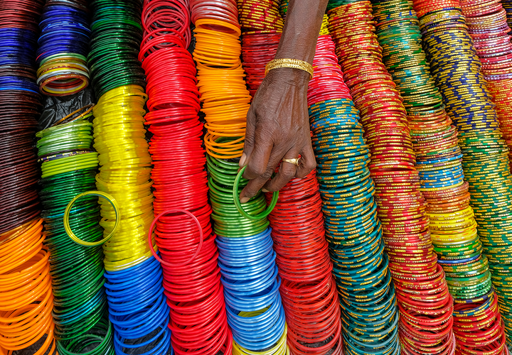Bracelets at a market stall in Kunduli, Odisha, India.