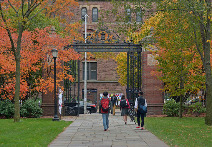 Students walking down a campus quad