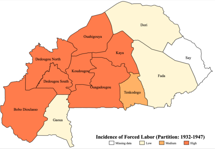 A map showing variation in recruitment intensity across Burkina Faso based on archival records.