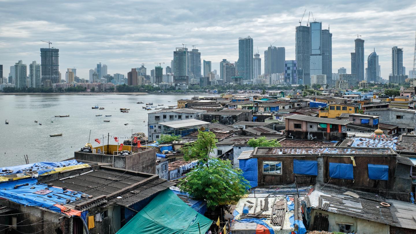 A view of Mumbai skyline with skyscrapers from the slums in Bandra suburb. 
