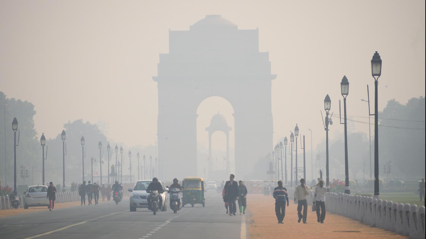 Pollution fog covers India Gate in Delhi.