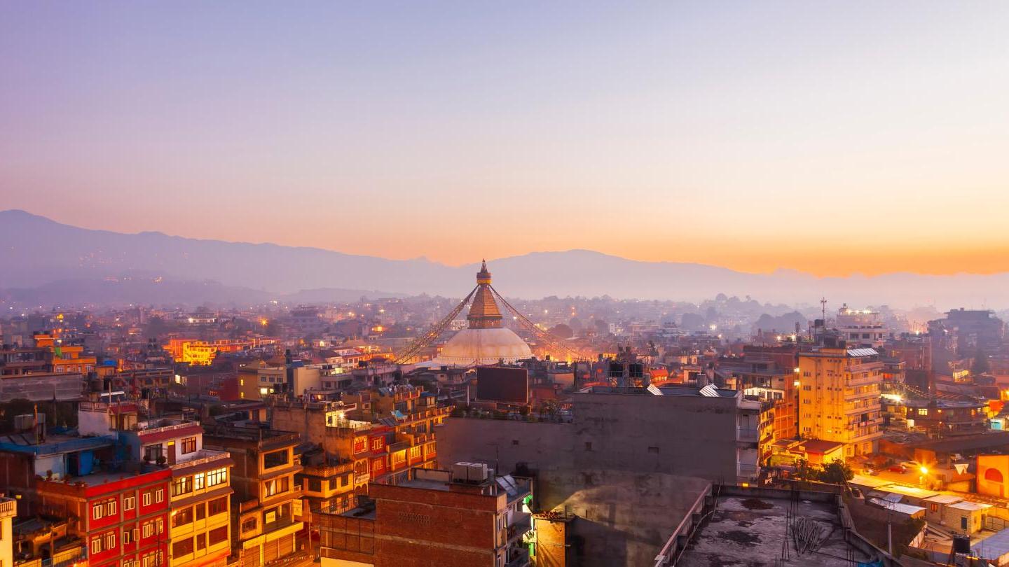 Sunset at the Boudhanath stupa Kathmandu Nepal.