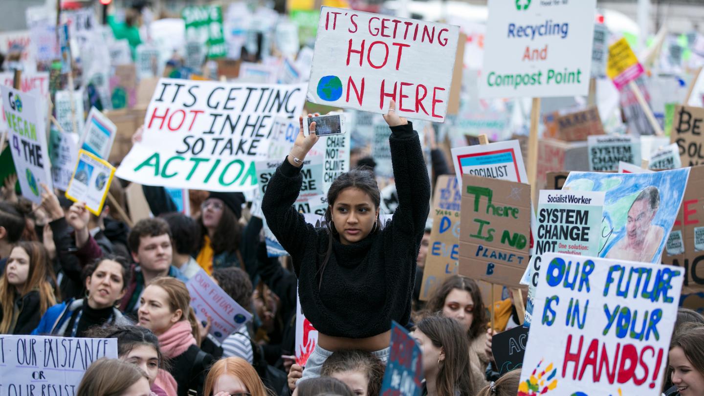 A climate change protest march in Belgium, 2019